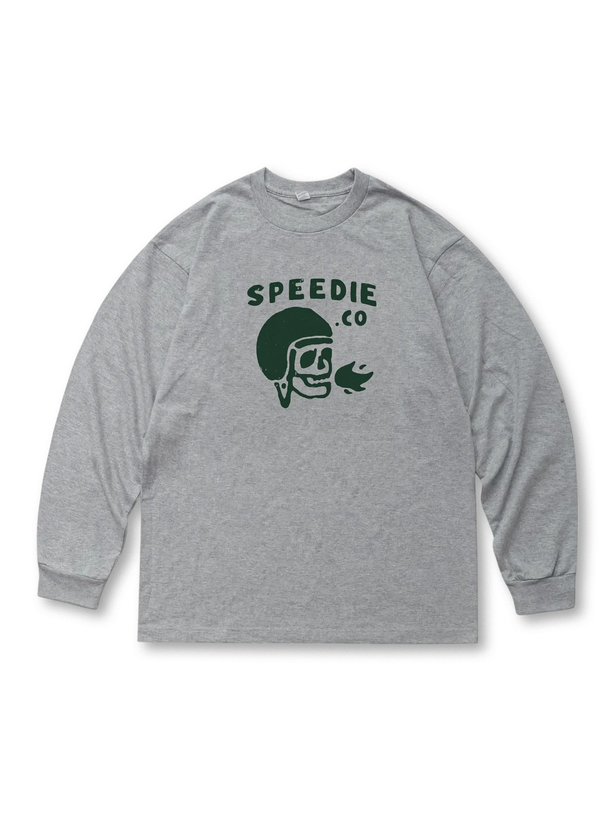 アメリカンストリートカルチャーに着想を得たユーモラスなヘルメットとスカルプリントの長袖Tシャツ。100%コットンで肌触り良く耐久性が高い。工装パンツやデニムと合わせやすいシンプルシルエット。