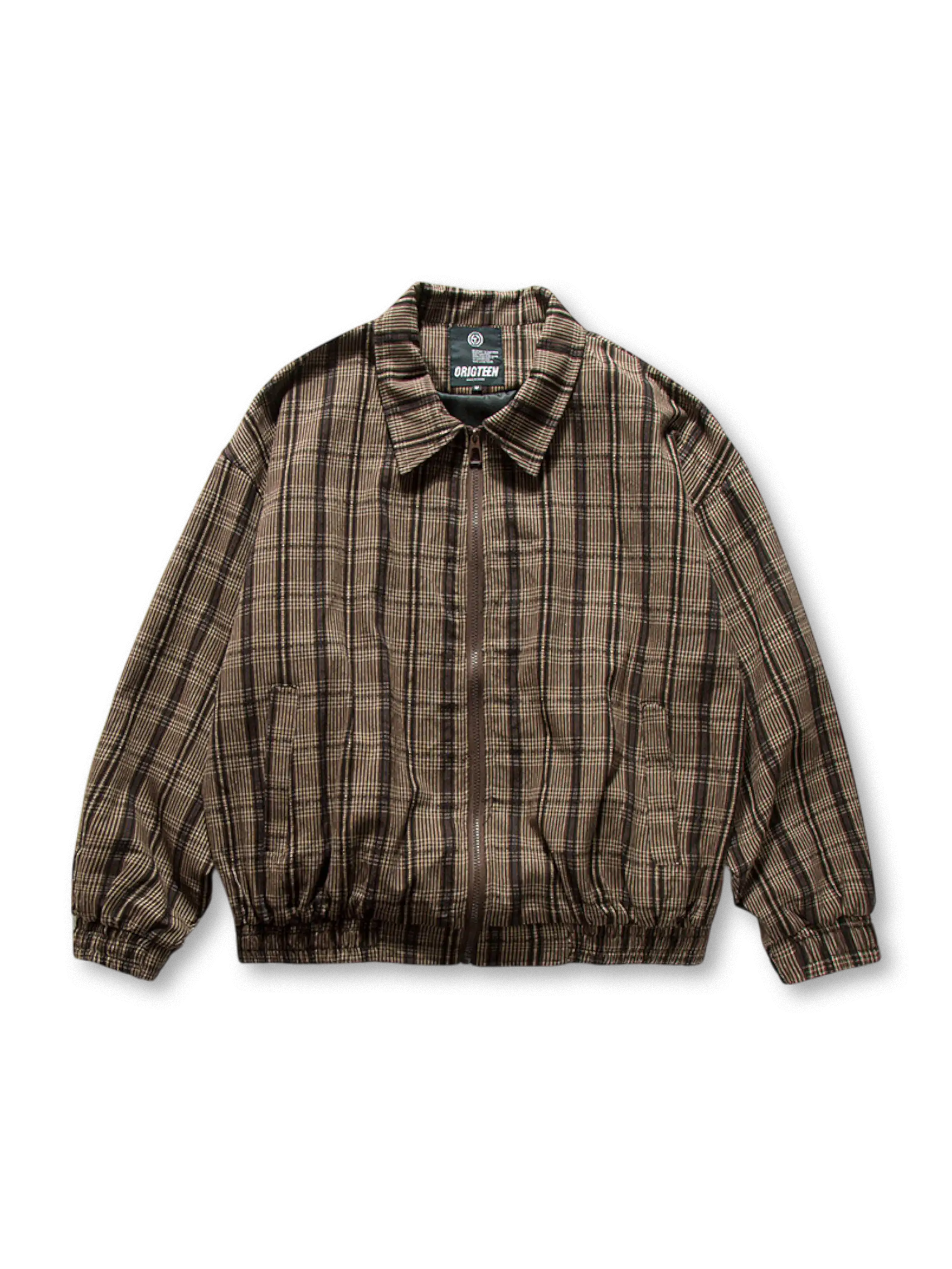 レトロチェック柄とゴム裾が特徴のカバーオールジャケット。ワーク感と快適な着心地を兼ね備えています