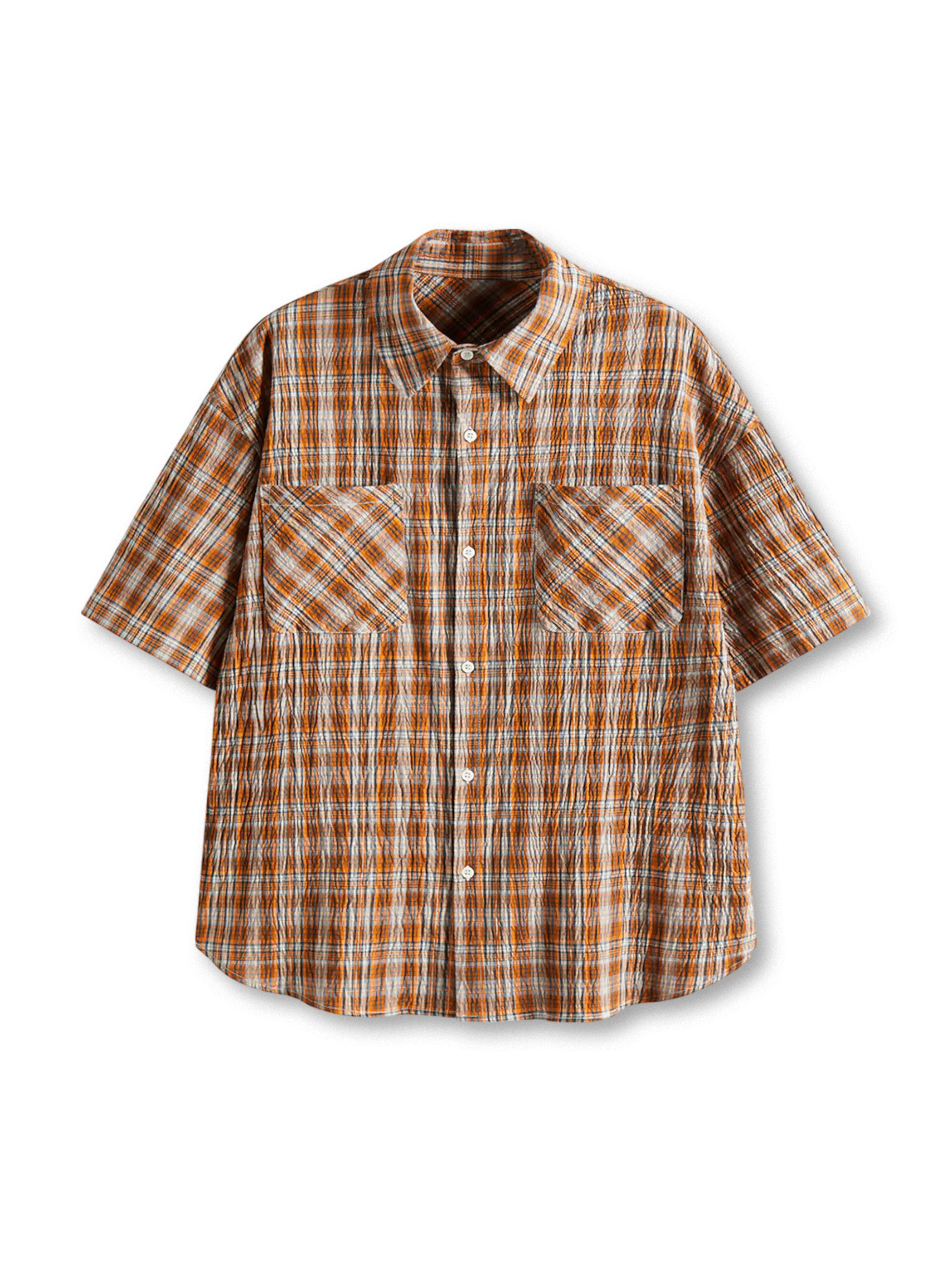 ヴィンテージウォッシュ加工を施した英国クラシックチェックの五分袖シャツ、斜めフラップポケット付き