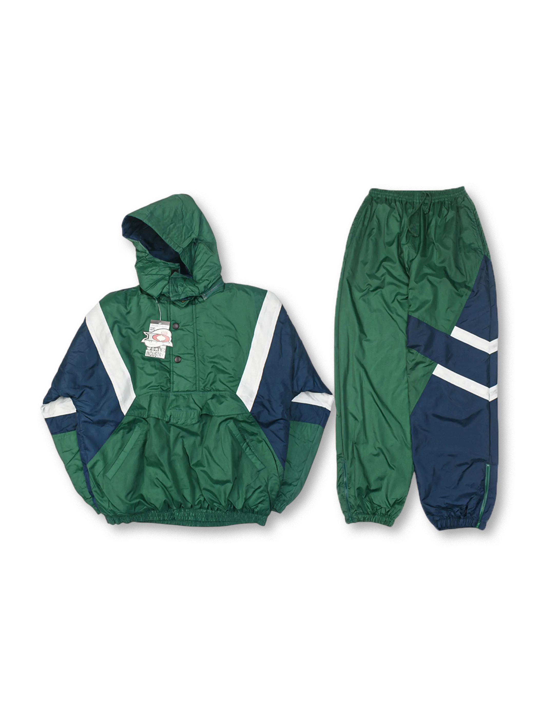 80年代風カラーブロックデザインのナイロン中綿セットアップ。快適で保温性に優れたスポーティなヴィンテージスタイル。