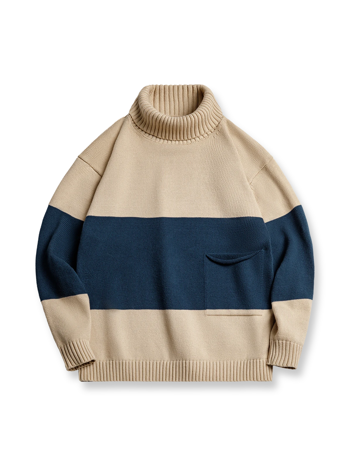 アースカラーとディープブルーの横配色タートルネックニットセーター。