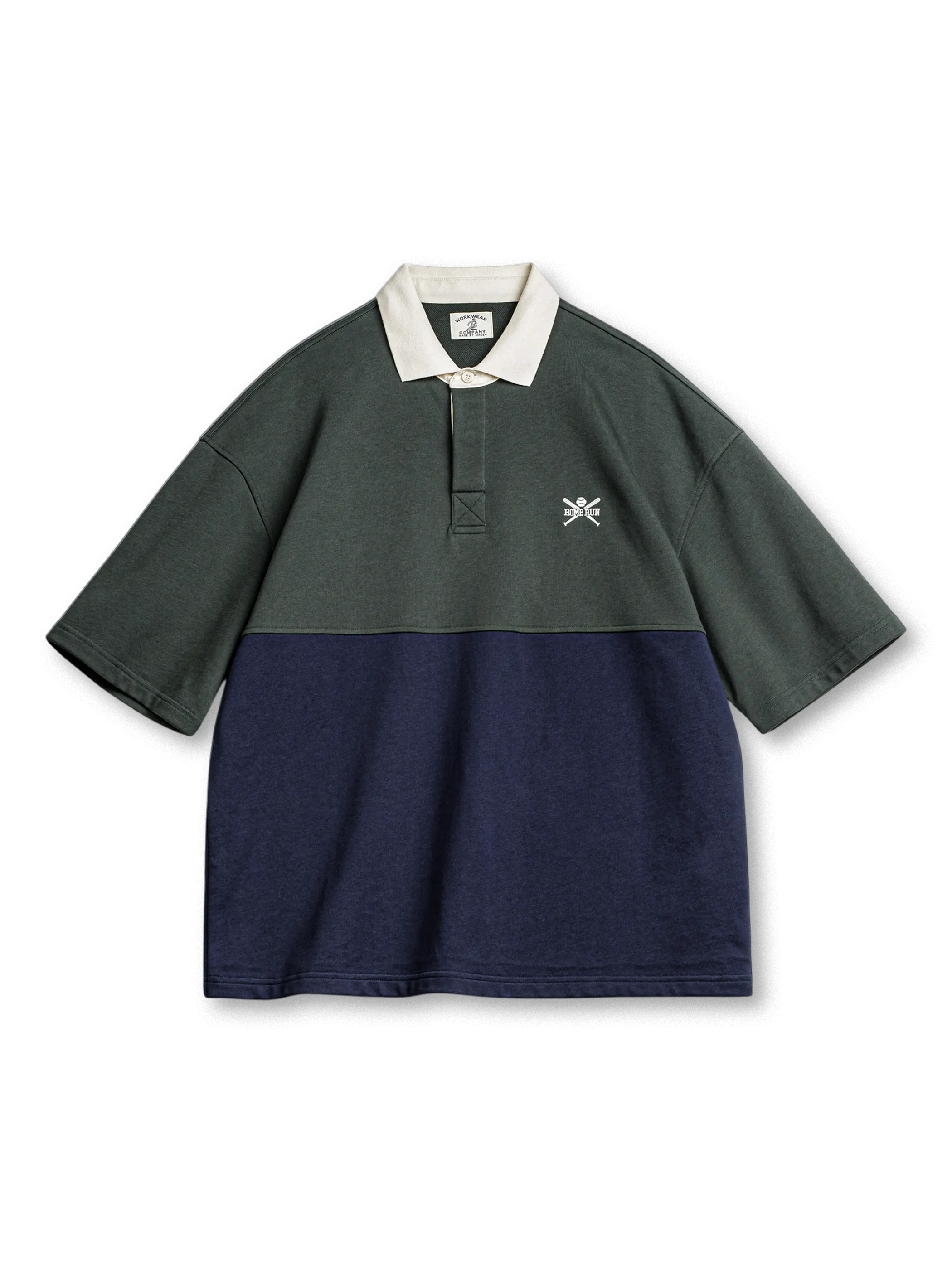 「HOME RUN」刺繍とバイカラー切り替えが特徴のヴィンテージポロシャツ