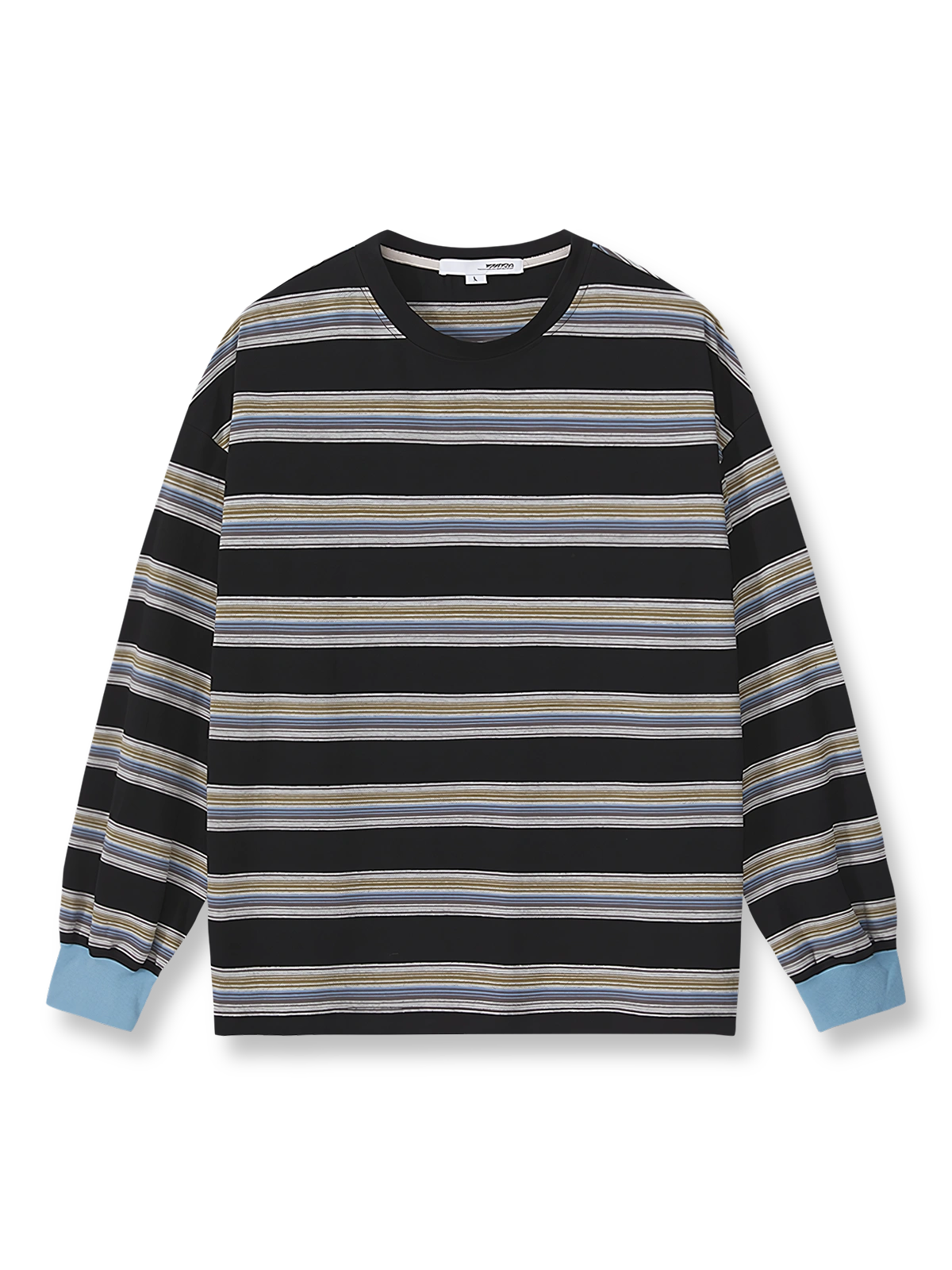 ブラックベースにブルーとブラウンのヴィンテージ配色ストライプとブルーリブ袖口が特徴の長袖Tシャツの全体像。