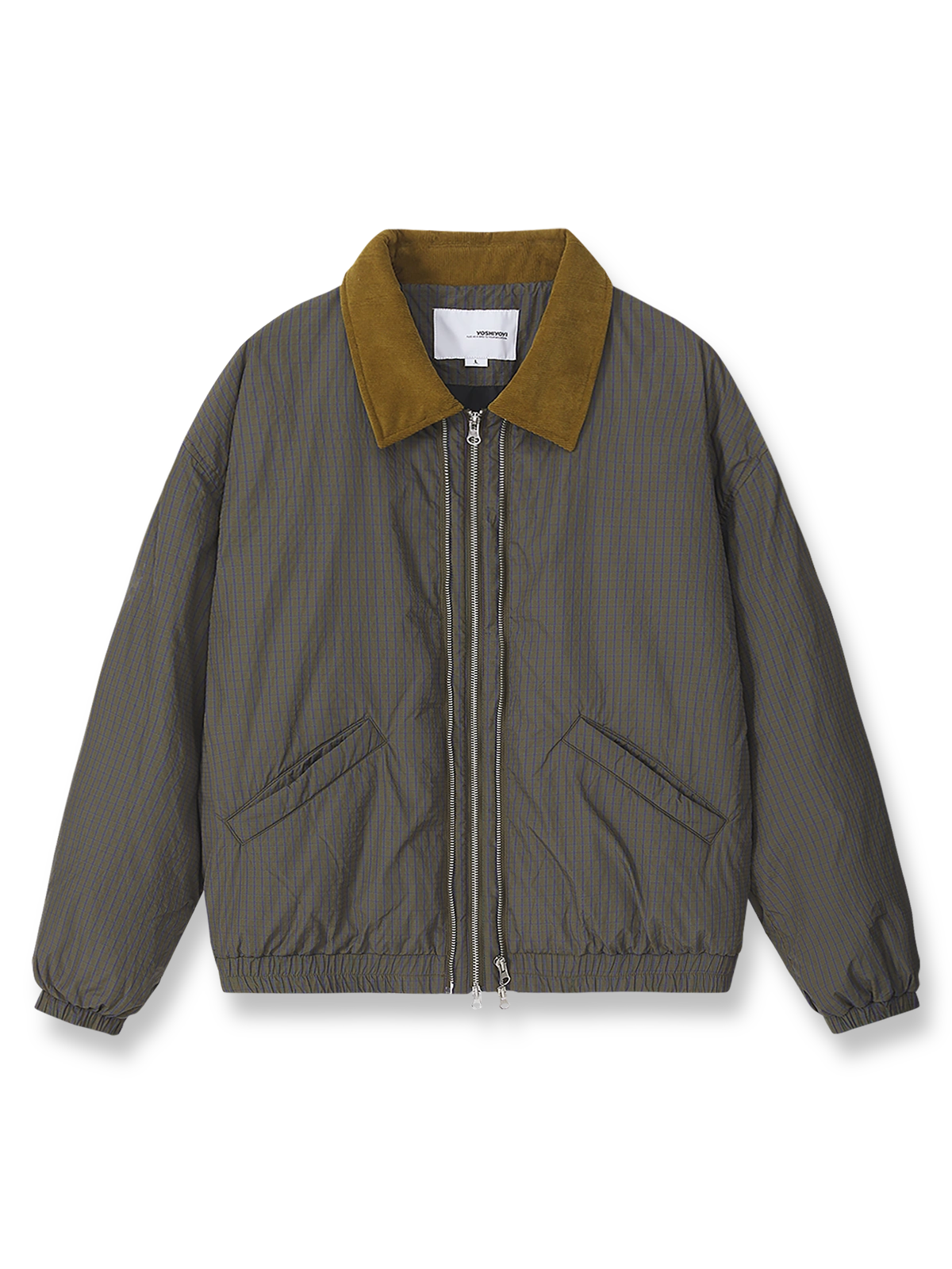 コーデュロイ襟とダークグリーンチェック柄が特徴のヴィンテージワークコットンジャケットの全体像。