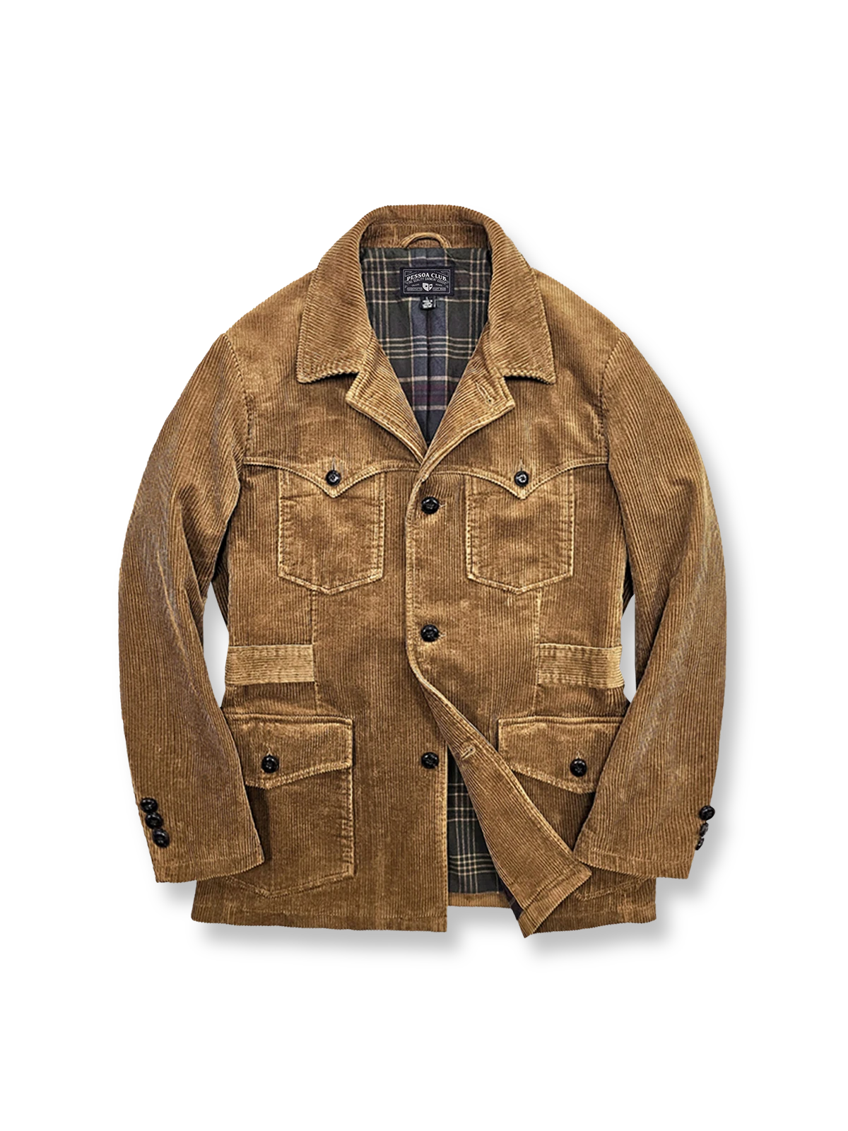 バッファローホーンボタンとチェック裏地が特徴のコーデュロイハンティングジャケット。