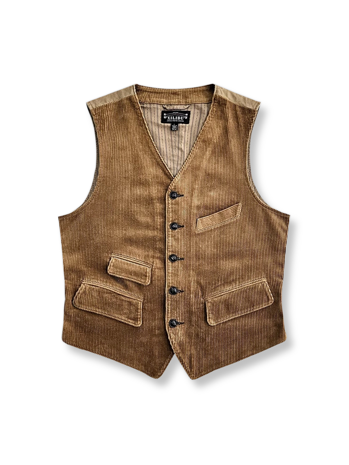 天然牛角ボタンと水洗い染色による色ムラが特徴のコットンコーデュロイ製スリムフィットベスト。