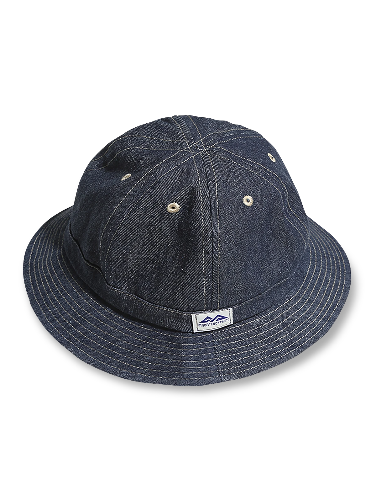 1930年代米軍帽インスパイアのデニムバケットハット。6パネル構造で耐久性と通気性を備えたデザイン。