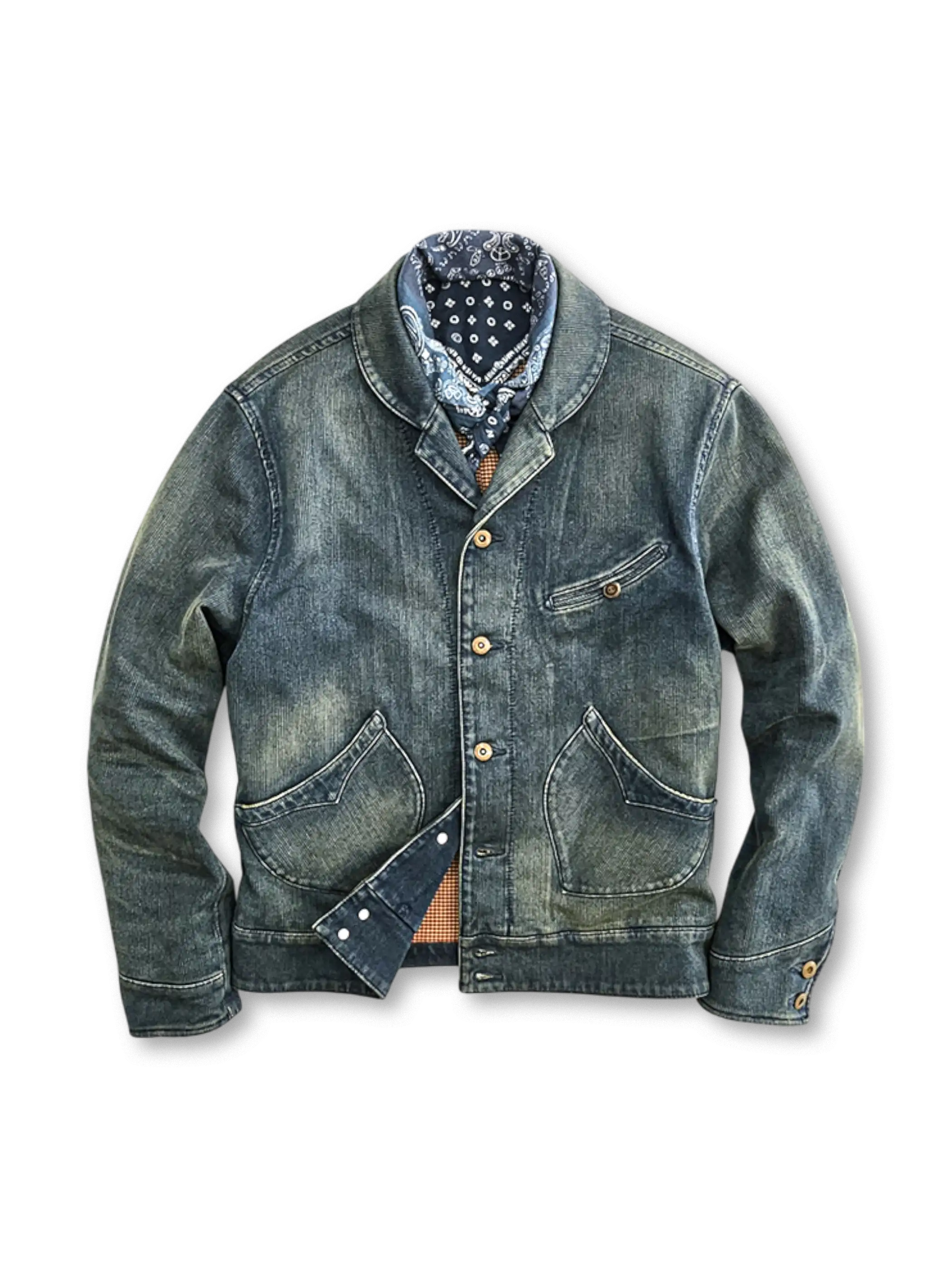 実用性と経年風色落ちが特徴の全綿デニムジャケット。大きめシルエットでアウトドアや日常に最適。