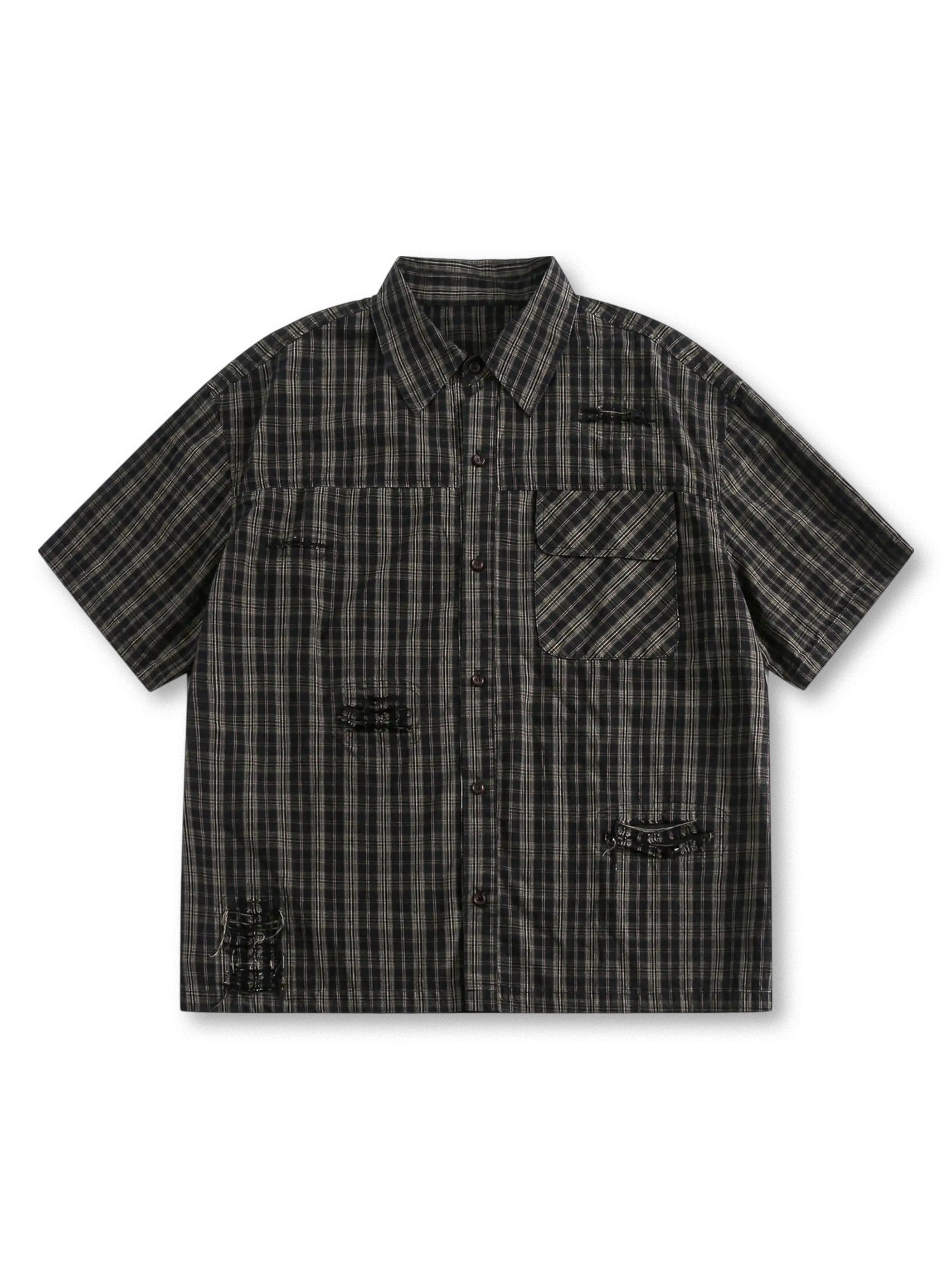 擦り切れダメージと深いチェック柄が特徴のヴィンテージワークシャツ、中厚コットン素材使用