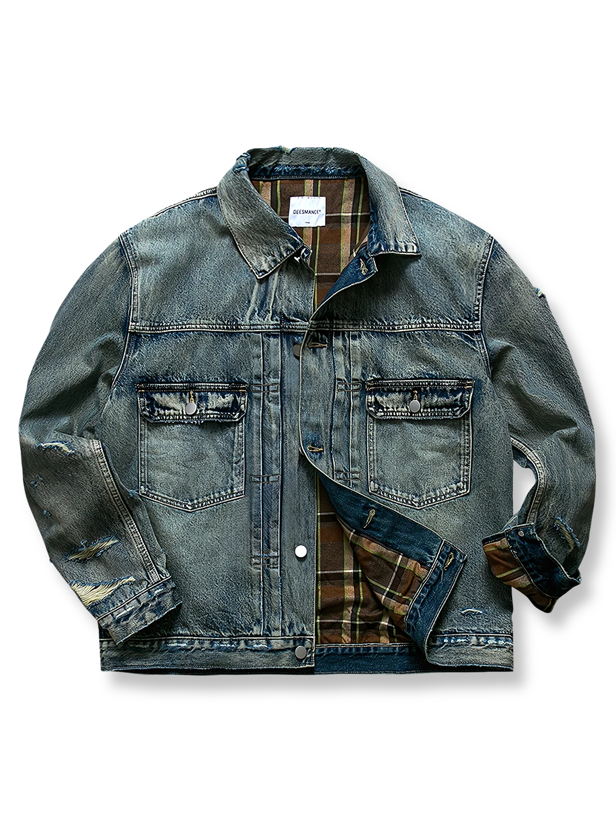 ダメージ加工とチェック裏地が特徴のヴィンテージ風デニムジャケット。