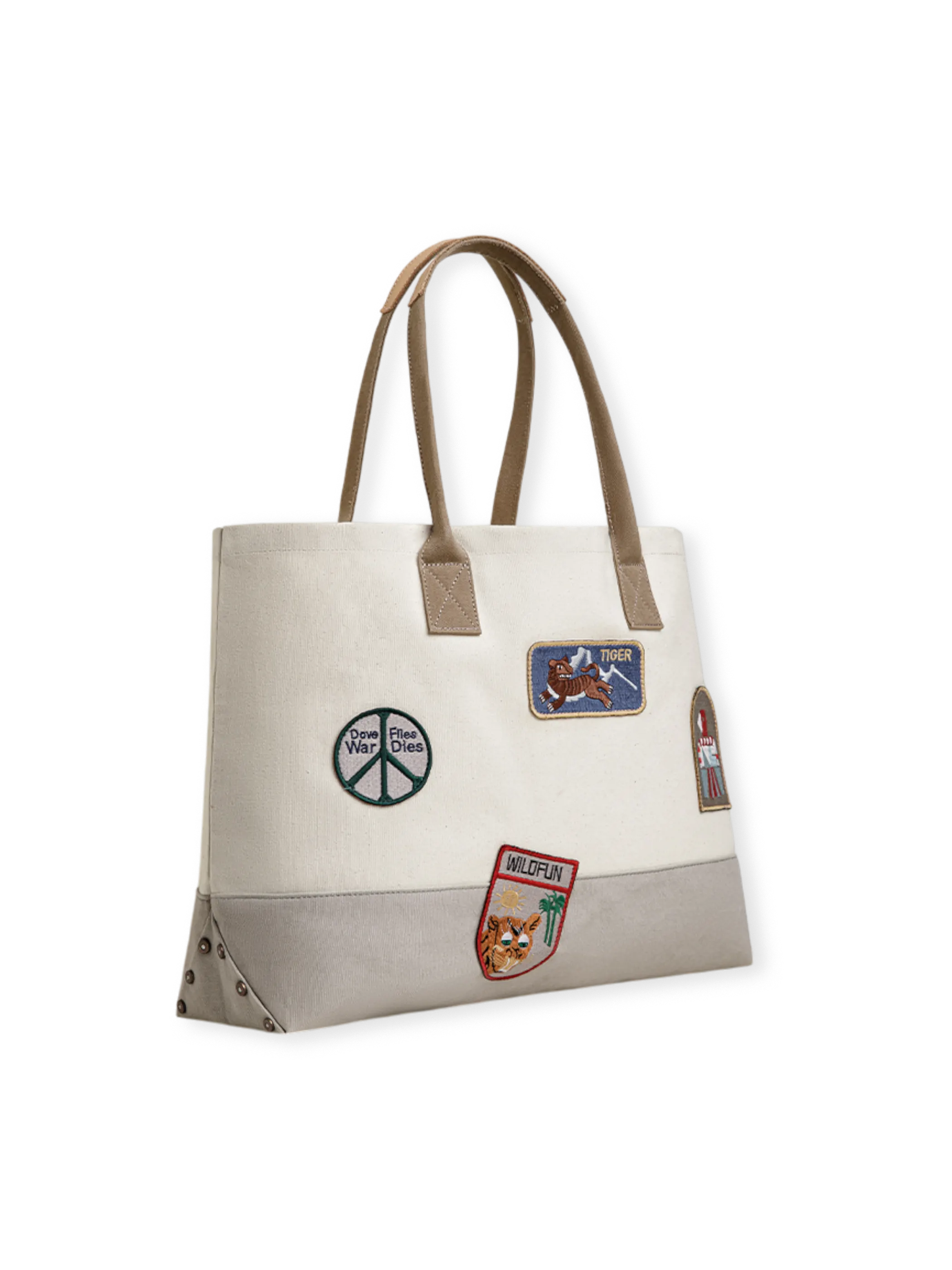 4種類のヴィンテージ刺繍章が施されたアメリカンワークウェア風トートバッグ。トップグレインレザーハンドルと堅牢なキャンバス生地が