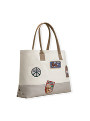 4種類のヴィンテージ刺繍章が施されたアメリカンワークウェア風トートバッグ。トップグレインレザーハンドルと堅牢なキャンバス生地が