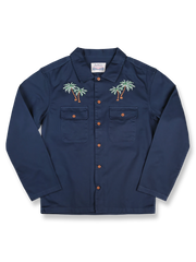 ヴィンテージ刺繍長袖シャツの全体正面画像、胸元と背面の刺繍ディテール。