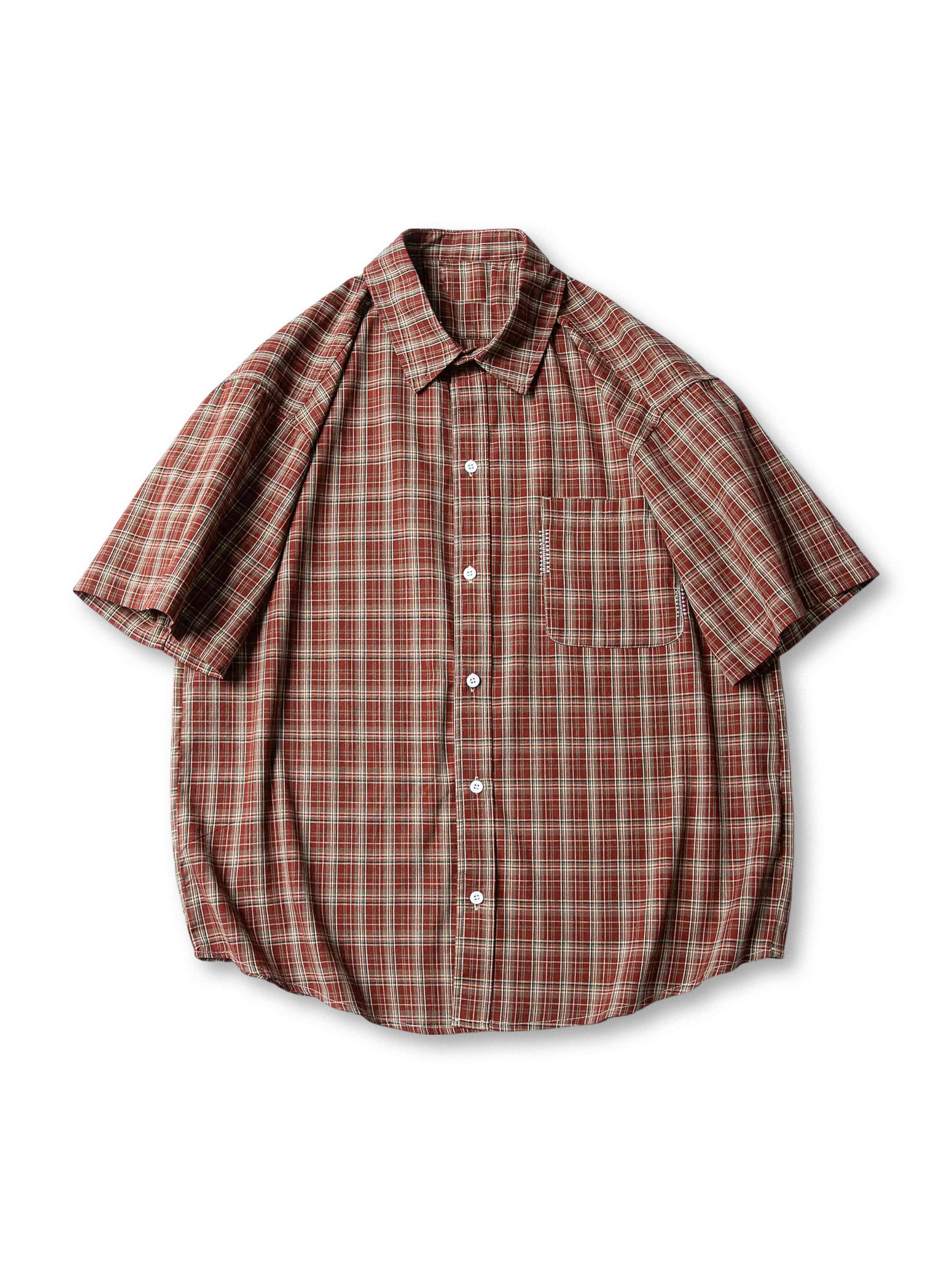 刺繍パッチがアクセントのブリーチドウォッシュコットン生地のマドラスチェック半袖シャツ