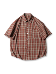 刺繍パッチがアクセントのブリーチドウォッシュコットン生地のマドラスチェック半袖シャツ