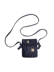 アメリカンヴィンテージ刺繍デニムショルダーバッグ。インディアン風太陽刺繍とナバホ風パッチワークライニングが特徴。