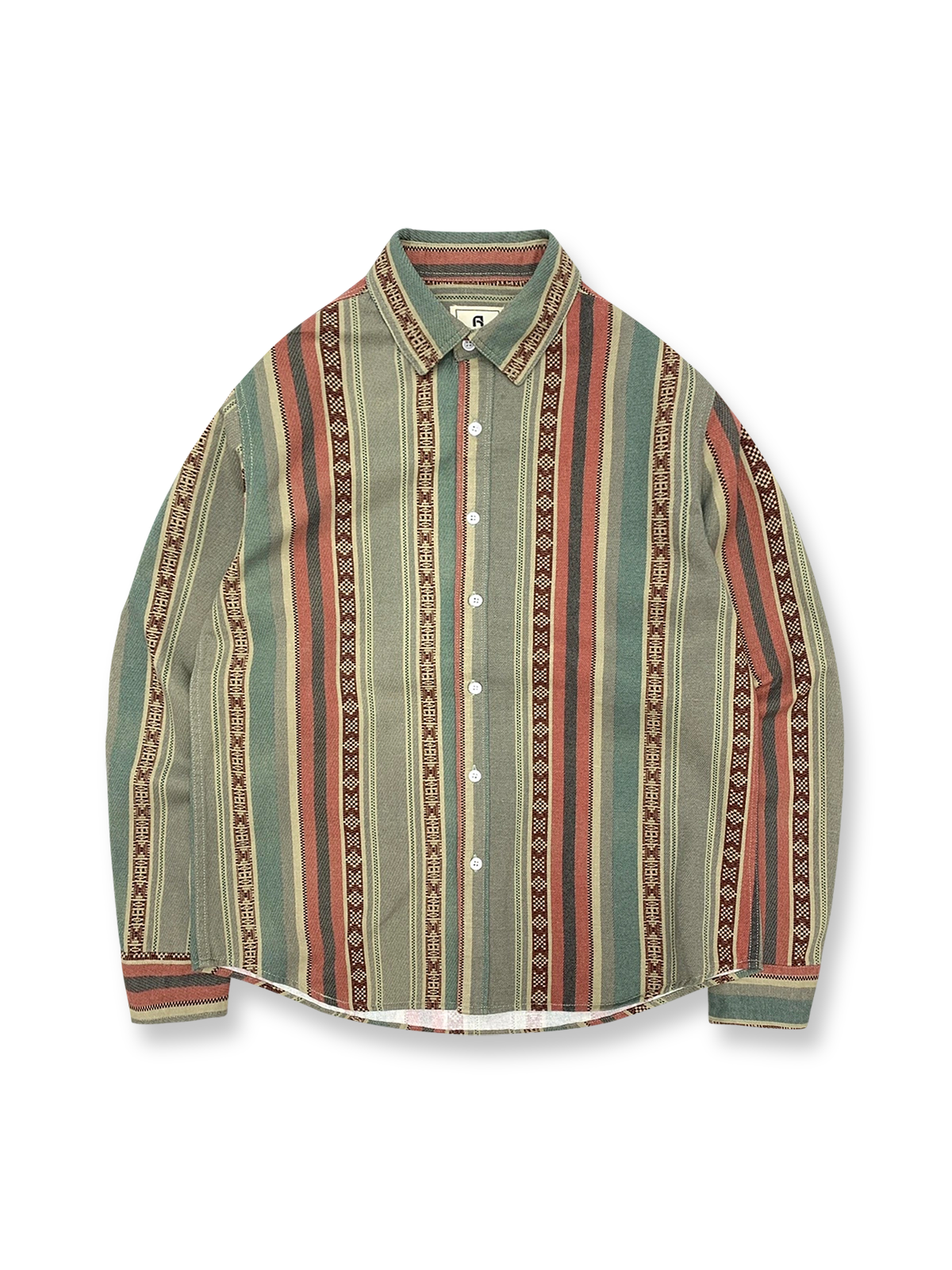 ヴィンテージ感と自然な風合いを兼ね備えたエスニックストライプ長袖シャツ