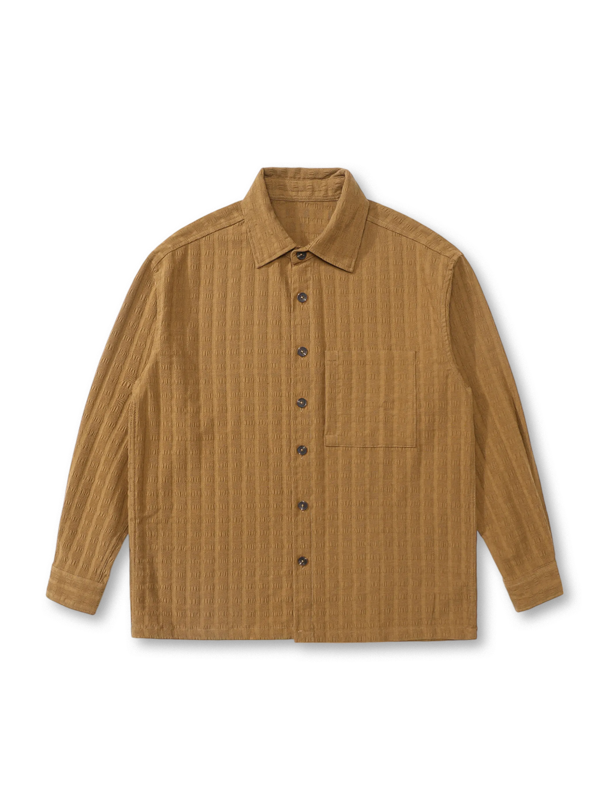 ウォッシュ加工された毛織複合素材のヴィンテージジャカードグリッドシャツカーデ。