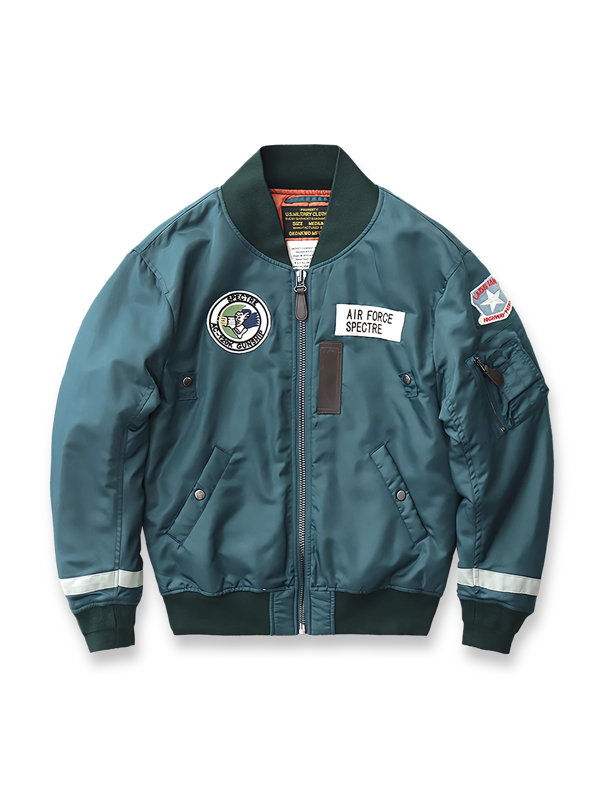 刺繍バッジとオレンジ裏地が特徴のヴィンテージMA-1フライトジャケット。