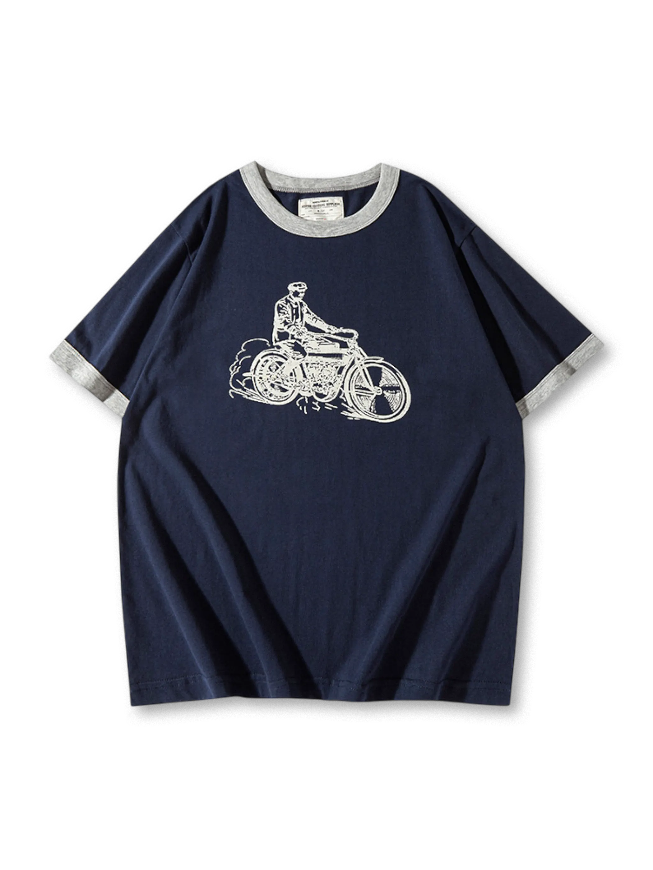 旧年代オートバイモチーフと配色リブが特徴の210gヴィンテージリンガーTシャツ