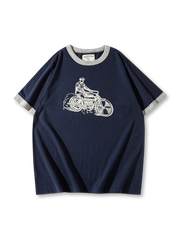 旧年代オートバイモチーフと配色リブが特徴の210gヴィンテージリンガーTシャツ