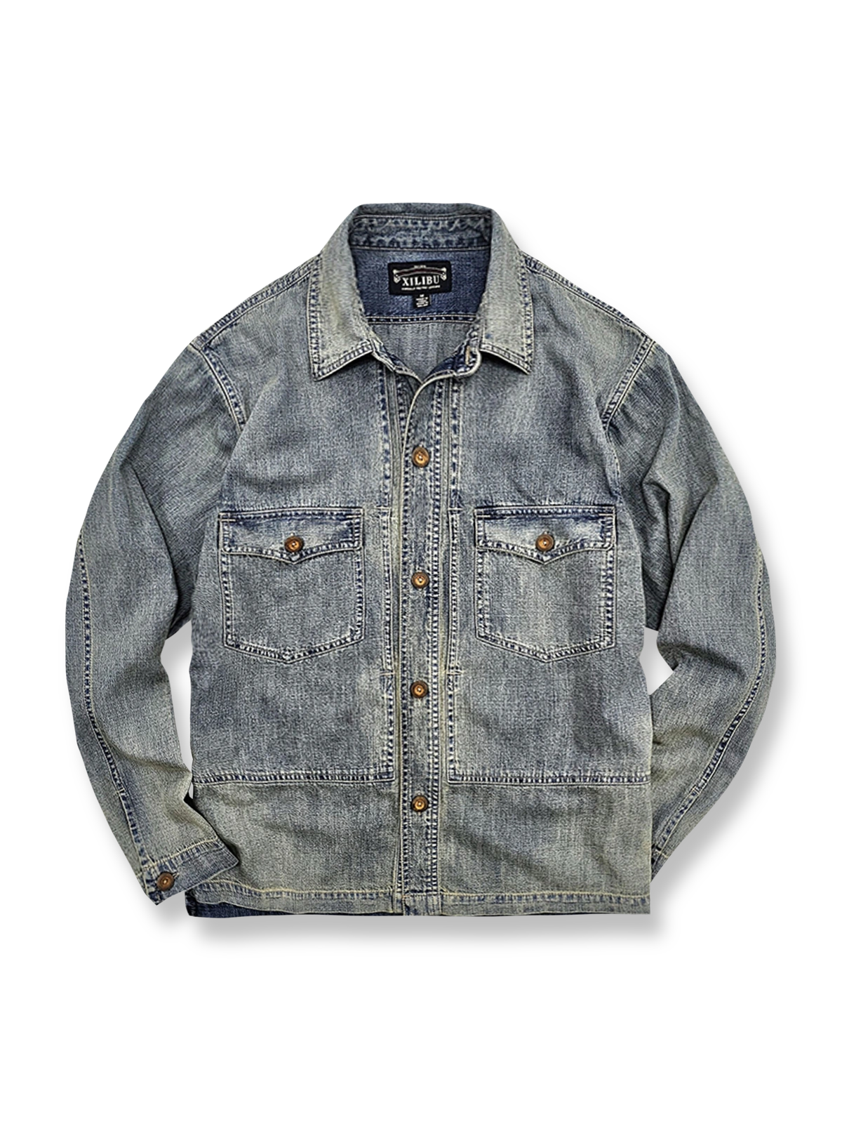 黄銅製メタルボタンとネイビーポプリン素材、リブ袖口が特徴のヴィンテージデッキジャケットの全体像。