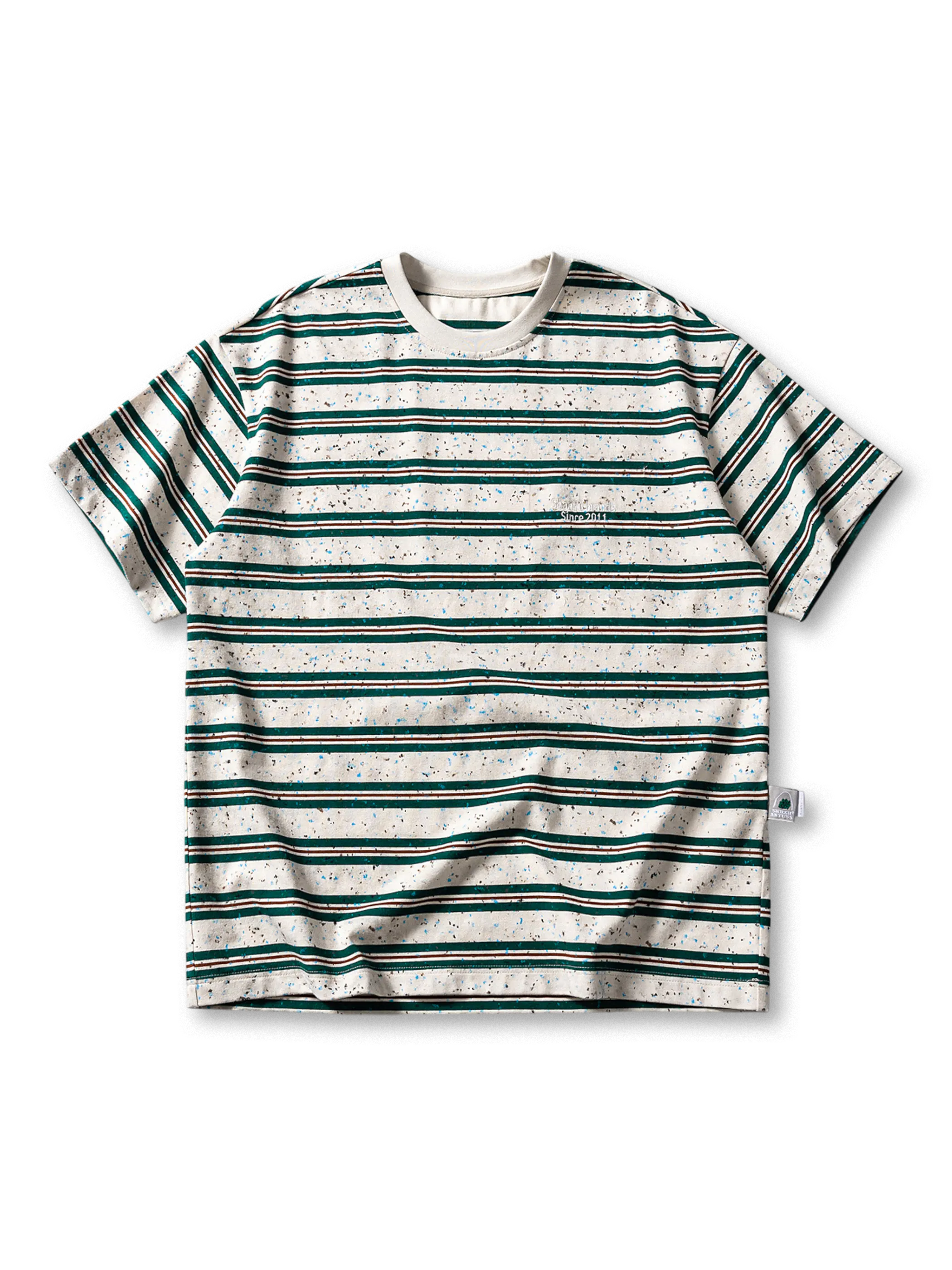 海軍作業着由来のボーダー柄にペイントスプラッターを重ねたヴィンテージ風ヘビーウェイトTシャツ