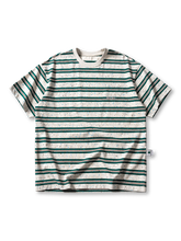 海軍作業着由来のボーダー柄にペイントスプラッターを重ねたヴィンテージ風ヘビーウェイトTシャツ