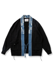 ヴィンテージ感漂うパッチワークデザインのノーカラーはんてん