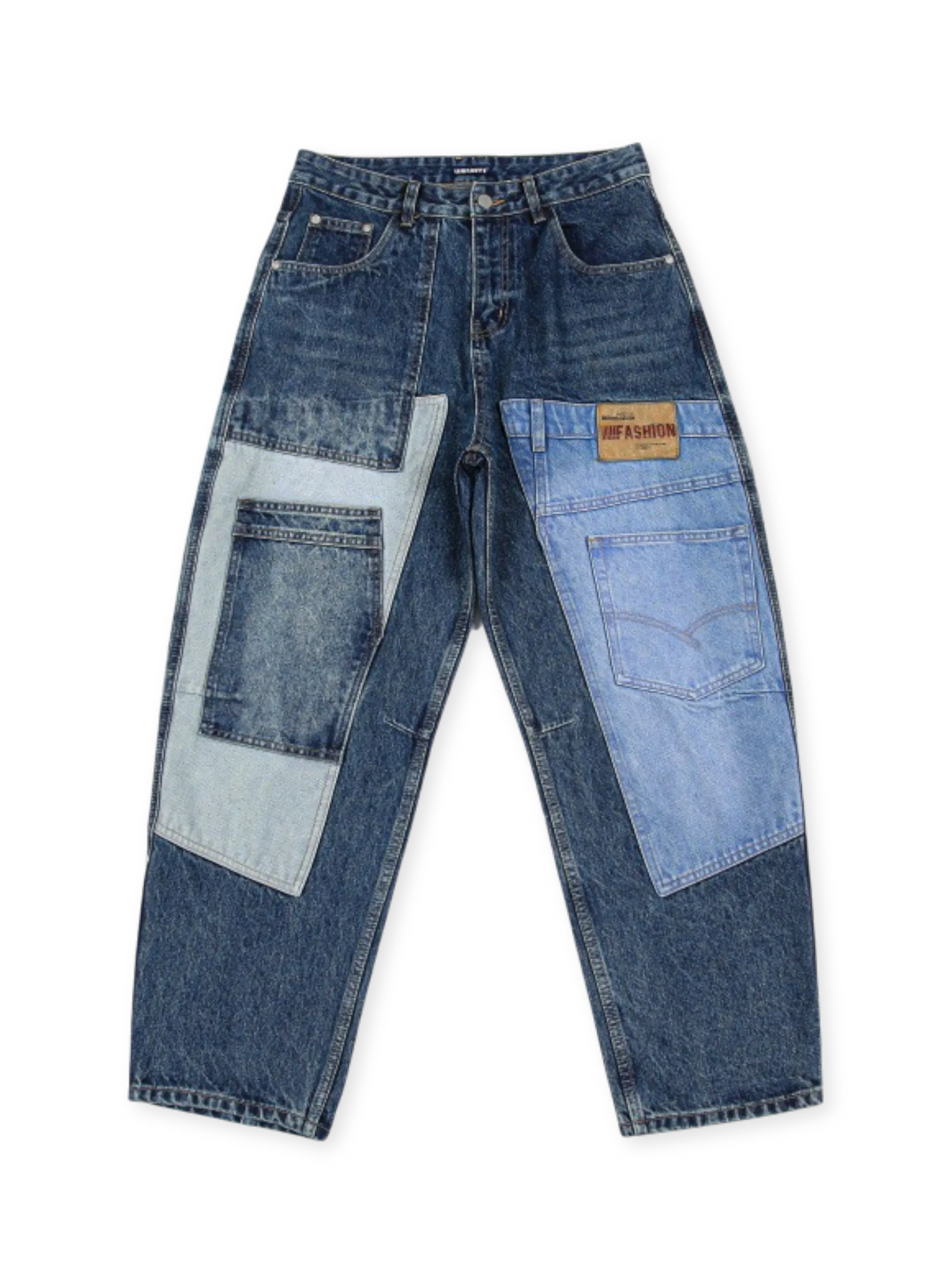 補修風のパッチワークデザインが特徴で、ストレートワイドシルエットのヴィンテージデニムパンツ。