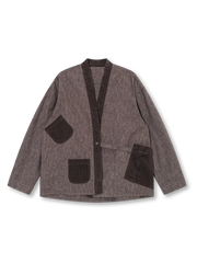 パッチワークポケットとノーカラーが特徴の中厚コットン混紡素材ヴィンテージジャケット