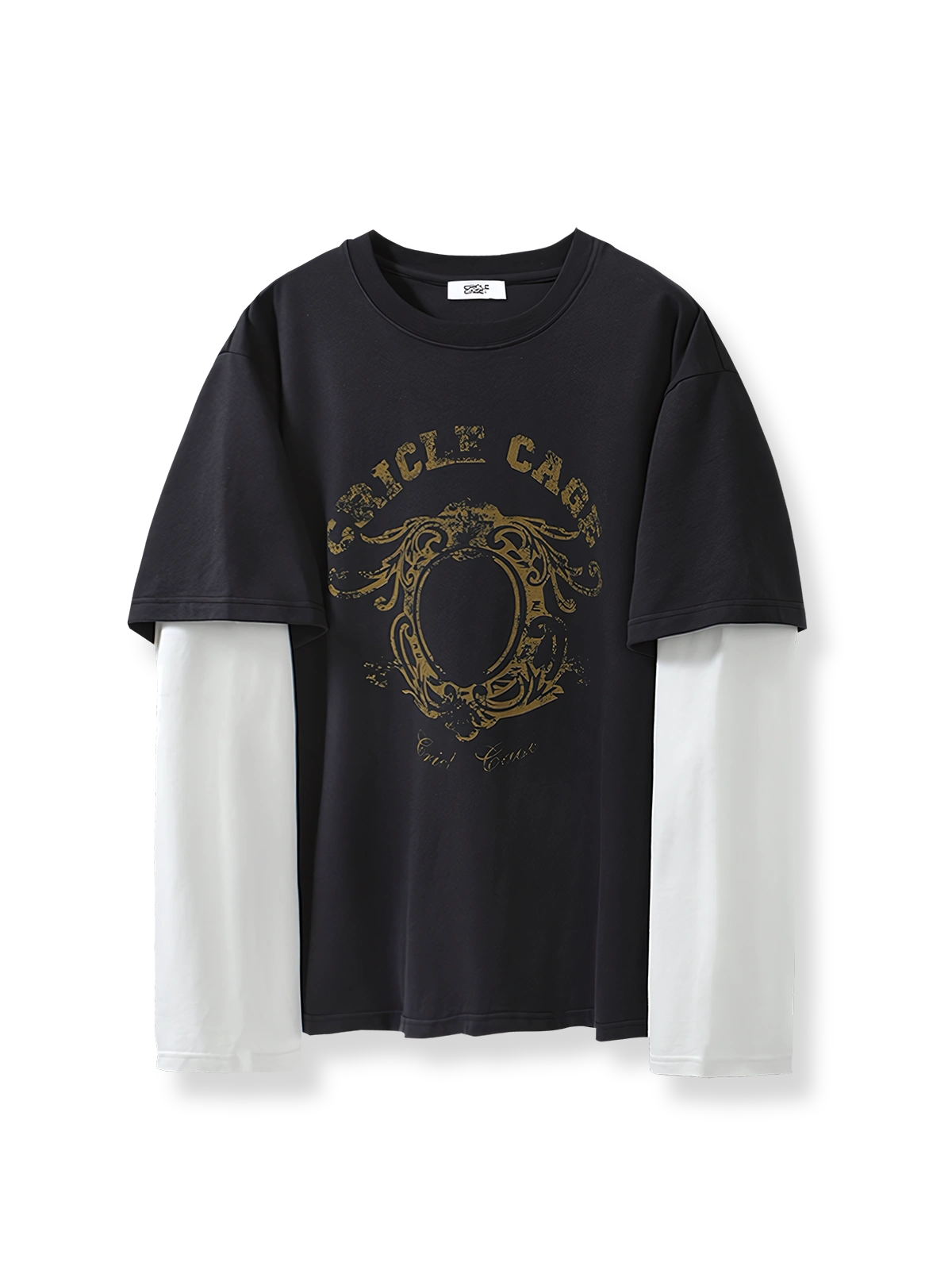 ヴィンテージプリントとレイヤード風デザインの長袖Tシャツ