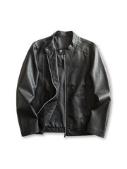 立ち襟とバイカースタイルが特徴のヴィンテージ風PUレザージャケット。軽量で防風性に優れ、多用途に対応。