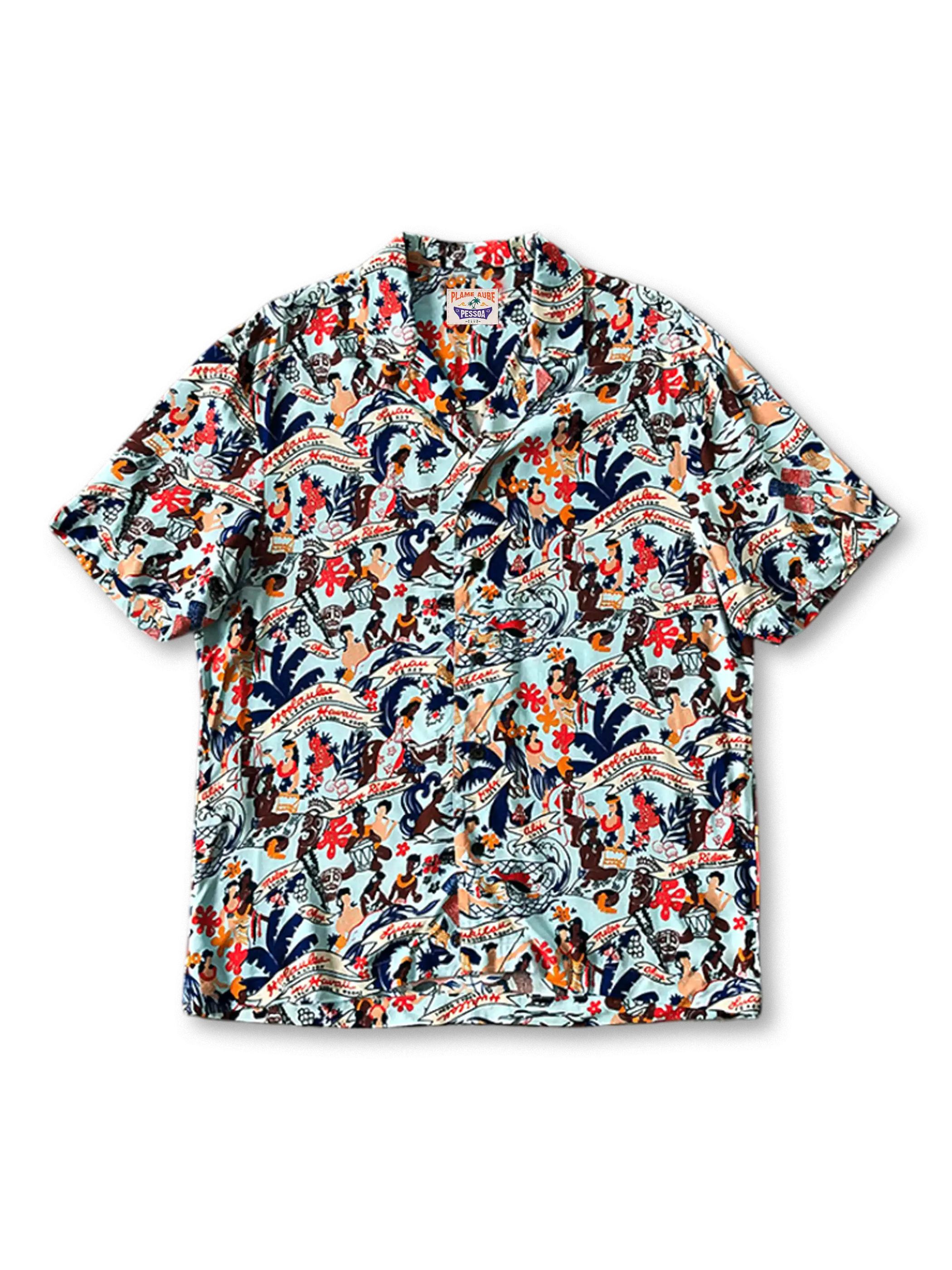 光沢ある薄手レーヨンにハワイアンモチーフをプリントしたヴィンテージアロハシャツ