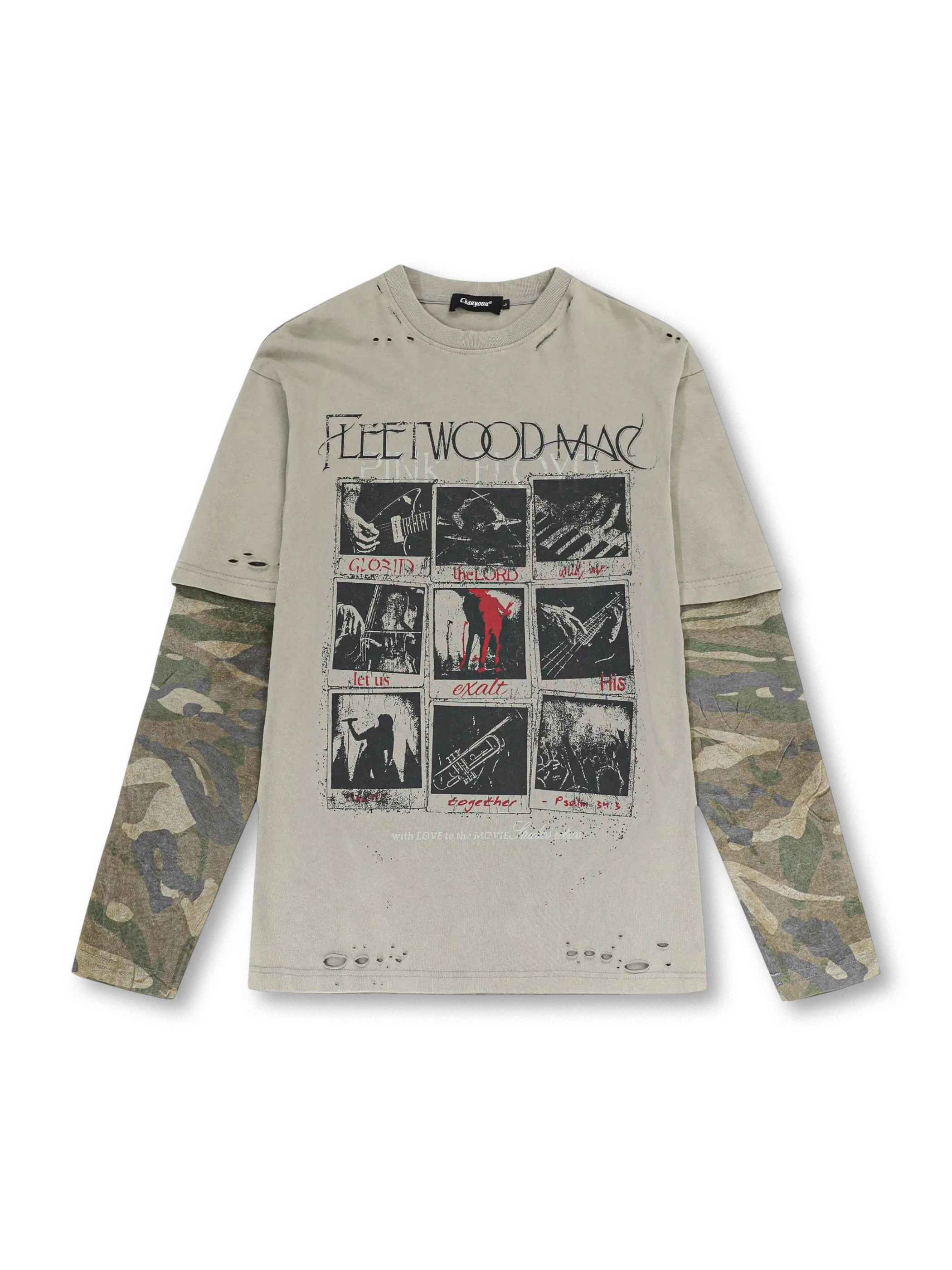 Fleetwood Macアートとカモフラ柄のレイヤード風デザインが特徴のヴィンテージTシャツ