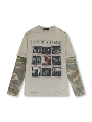 Fleetwood Macアートとカモフラ柄のレイヤード風デザインが特徴のヴィンテージTシャツ