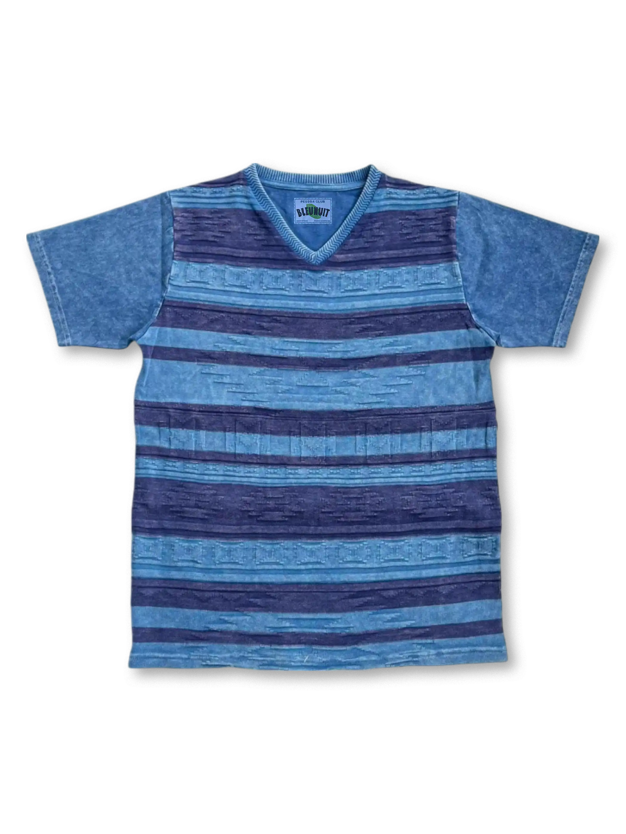 雪柄風ストライプと草木染め風ムラをパッチワークしたVネックTシャツ