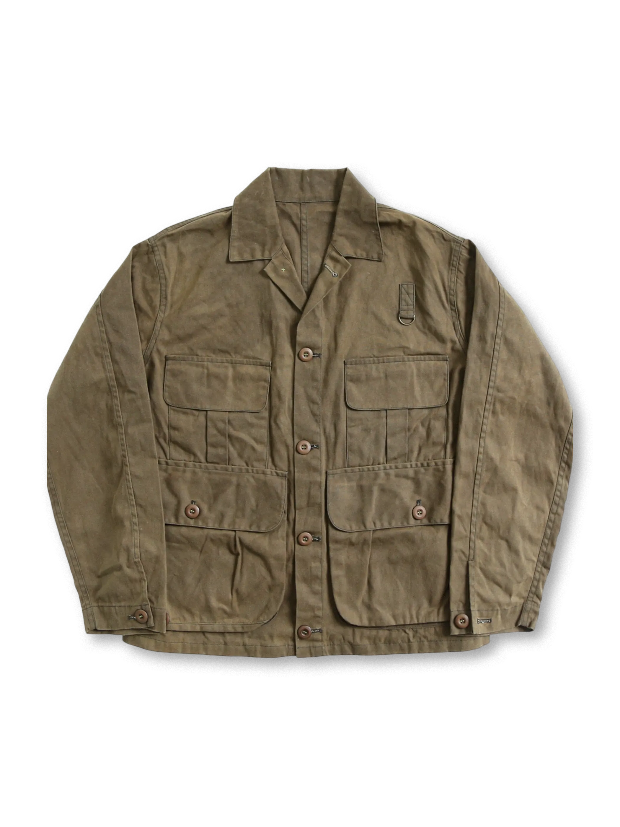1940年代風デザインの高密度ワックスコットンジャケット。防水性と耐久性に優れ、多機能ポケット付き。