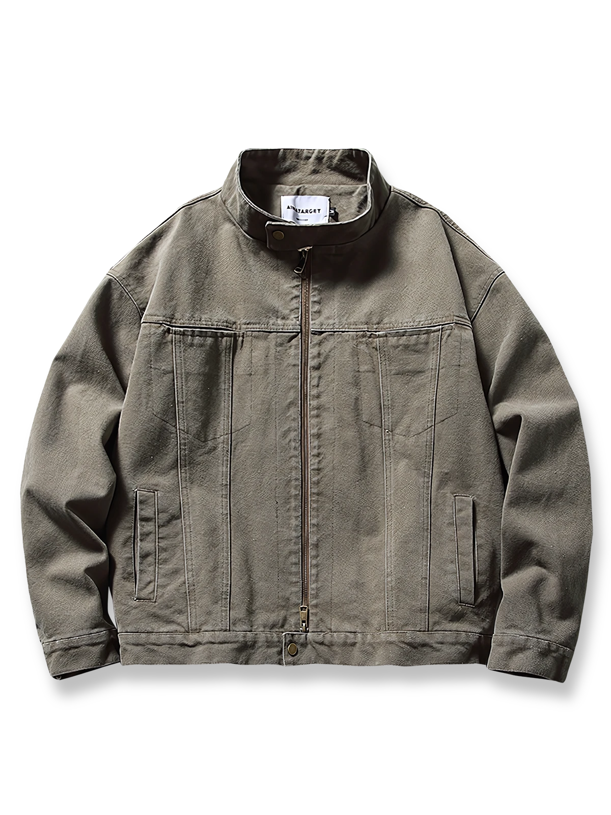 ヴィンテージスタンドカラーウォッシュジャケットの全体正面画像、斜めフラップポケットとスタンドカラーのディテール。