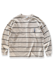 ヴィンテージストライプ アニマル刺繍長袖Tシャツの全体正面画像、胸元の刺繍とストライプパターンのディテール。