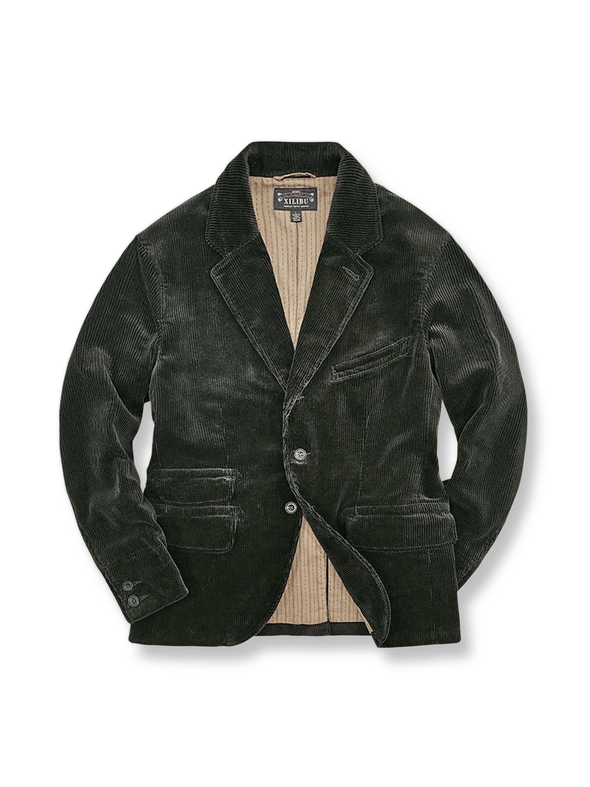 ブラックベースにクラシックストライプと果実モチーフボタンをあしらった重厚なコットンコーデュロイジャケット。