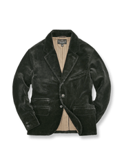 ブラックベースにクラシックストライプと果実モチーフボタンをあしらった重厚なコットンコーデュロイジャケット。