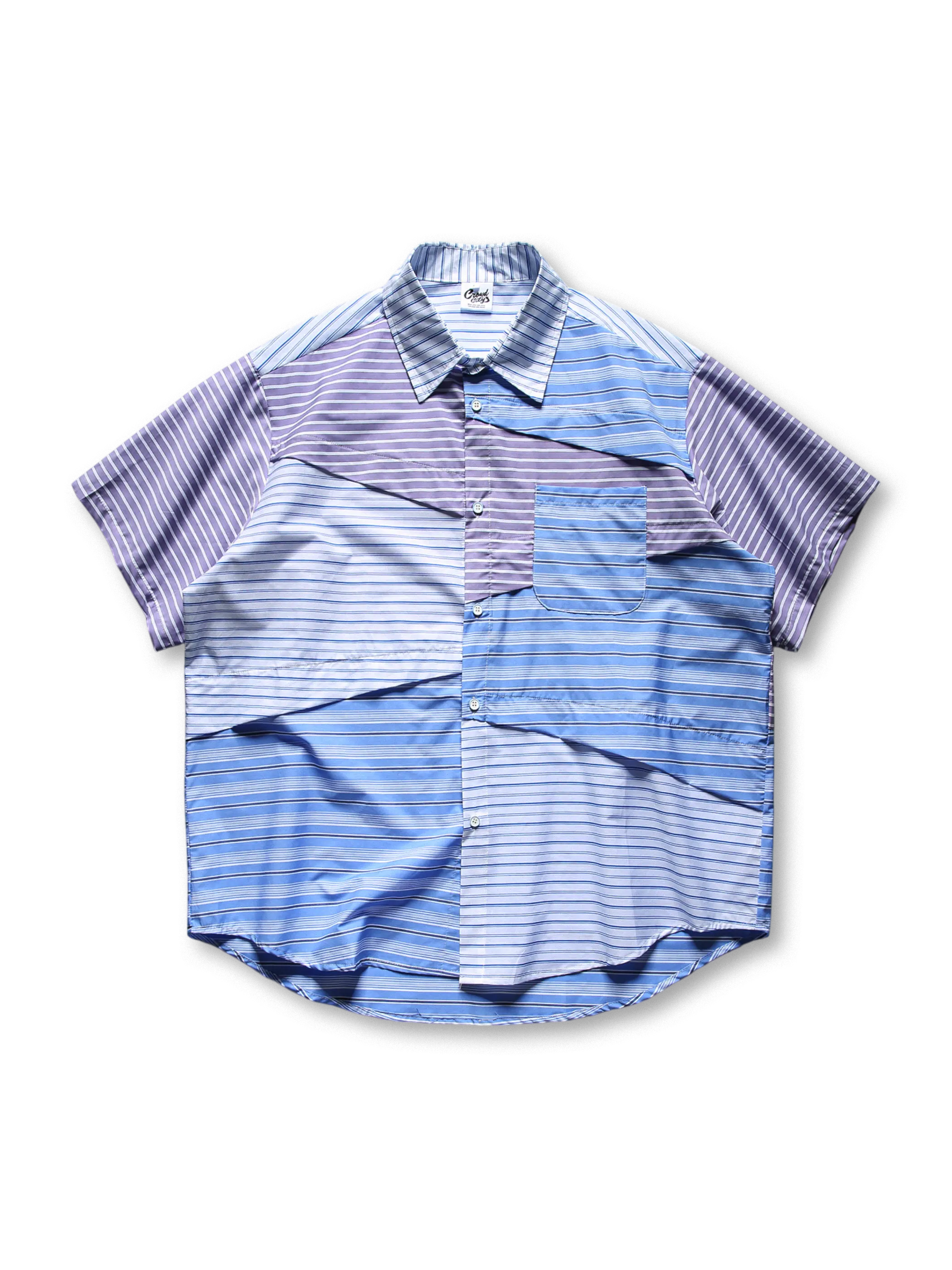 不規則パッチワークと天絲素材が特徴のヴィンテージストライプシャツ