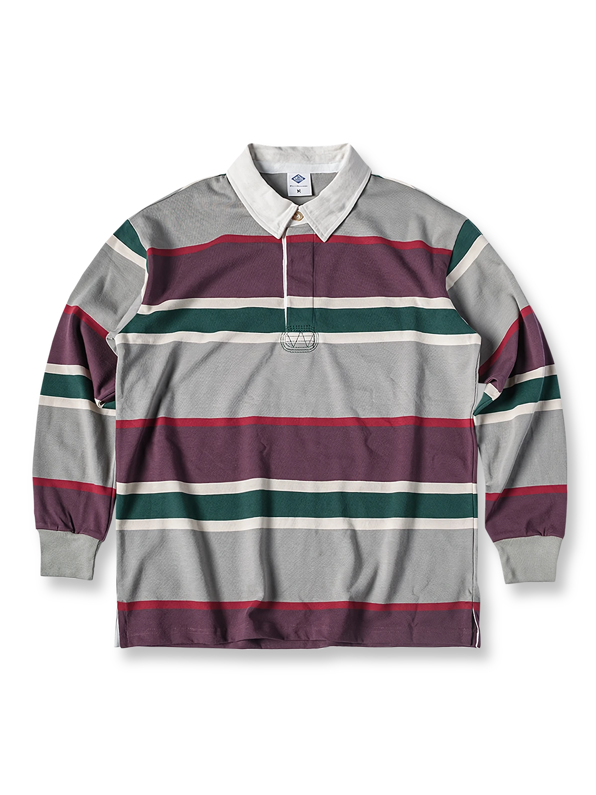 ヴィンテージストライプラグビーシャツの全体正面画像、ブロックストライプとピュアコットン襟のディテール。