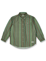 ヴィンテージ風ストライプとサボテン刺繍が特徴の石洗いコットンオックスフォード長袖シャツ。