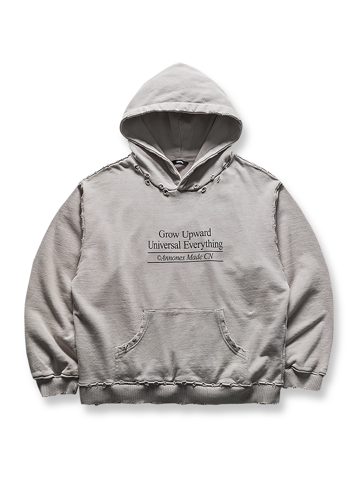 ダメージ加工とプリントが特徴の100%コットンフーディ。ゆったりシルエットとカンガルーポケットを備えたヴィンテージ風パーカー。