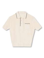 軽やかなホールガーメントメッシュと配色ラインが特徴のヴィンテージ風ニットポロシャツ