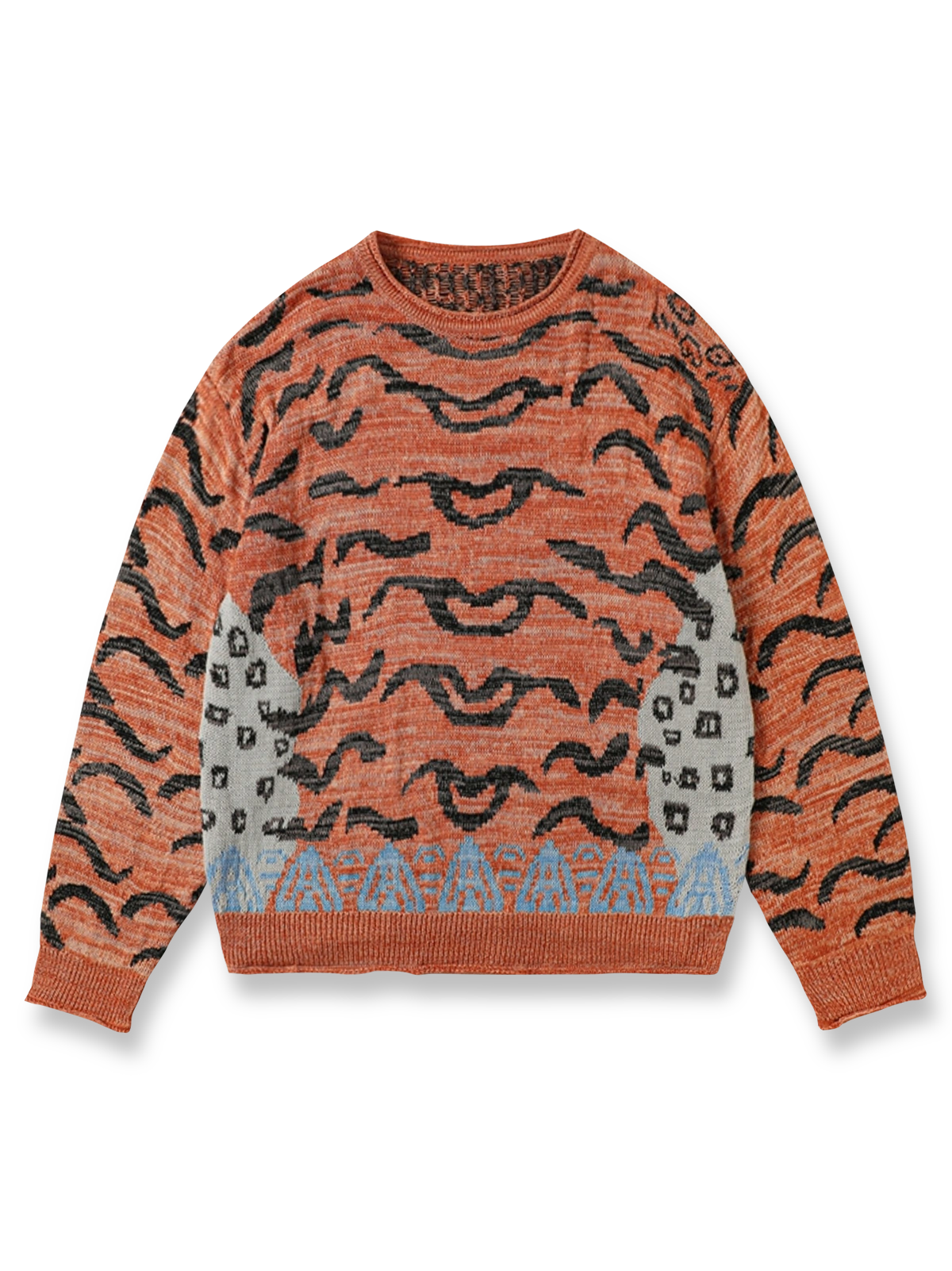ヴィンテージ風タイガーストライプ柄のクルーネックニット