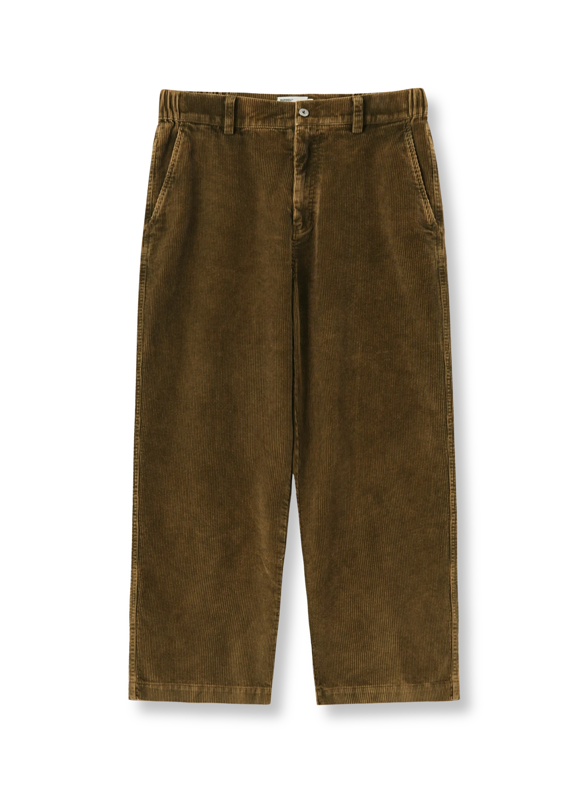 ヴィンテージ加工が施されたコーデュロイカジュアルパンツ、ストレートシルエットと実用的な斜めポケット付き