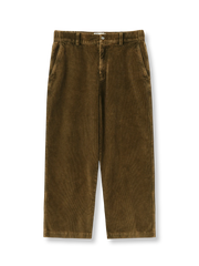 ヴィンテージ加工が施されたコーデュロイカジュアルパンツ、ストレートシルエットと実用的な斜めポケット付き